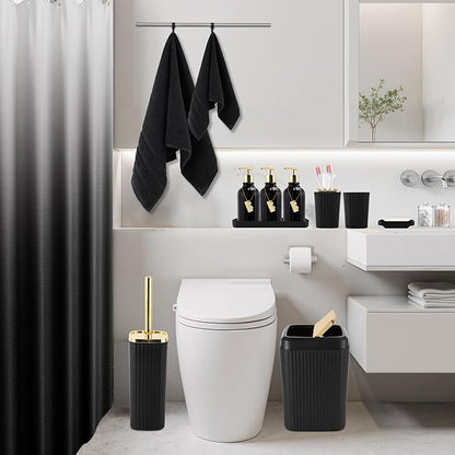32PCS Black Bathroom Accessories Bathroom Set,Black Shower Curtain, Bath Towel Set,Hand Towel,Toilet Brush,Trash Can & 3PCS Soap Dispensera