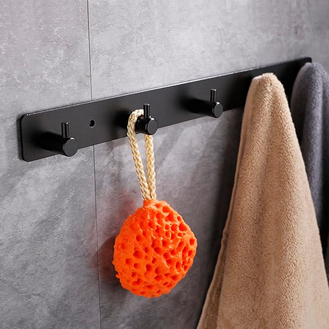 Black 6 Wall Hooks, Matte Black Bathroom Hook Rail, Self Adhesive Key Hook Rack Hanger Towel Robe Stick Hooks for Toilet Entryway Hallway Kitchen Wall Mounted
