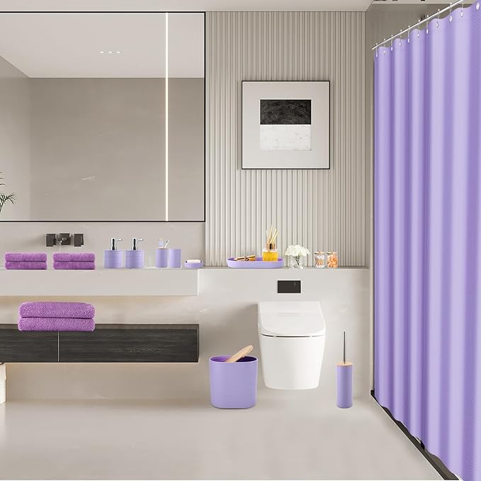 Purple Bathroom Set, Purple Bathroom Accessories Set with Shower Curtain, Bath Towel Set, Trash Can, 2PCS Soap Dispensers, Soap Dish, Toothbrush Holder and Cup,Toilet Brush for Bathroom Decor