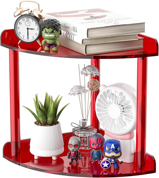 2 Tier Countertop Corner Organizer Shelf 7x7x8 Inch, Red Acrylic Bathroom Corner Shelf for Countertop, Vanity Storage for Skincare, Cosmetics, Perfume