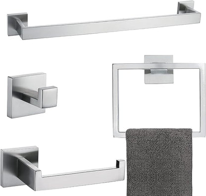 Brushed 4-Piece Bathroom Hardware Set Premium Stainless Steel Bath Towel Bar Sets Wall Mounted Square Bathroom Accessories Kit, 23.6 Inch Brushed Nickel