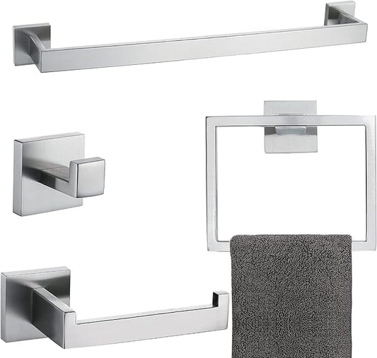 Brushed 4-Piece Bathroom Hardware Set Premium Stainless Steel Bath Towel Bar Sets Wall Mounted Square Bathroom Accessories Kit, 23.6 Inch Brushed Nickel