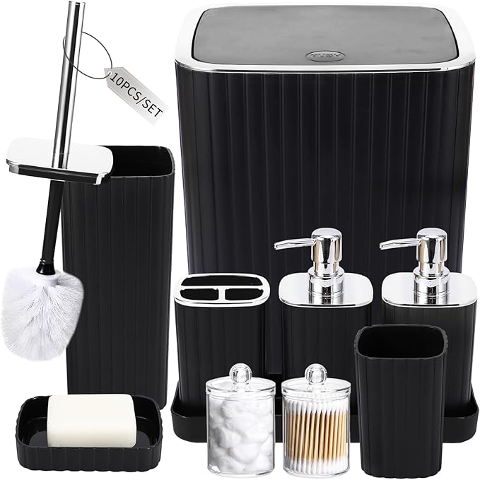 Bathroom Accessories Set - Gorgeous Bathroom Set, 10PC Bathroom Accessory Set, Toilet Brush, Trash Can, Qtip Holder Dispenser & Soap Dispenser