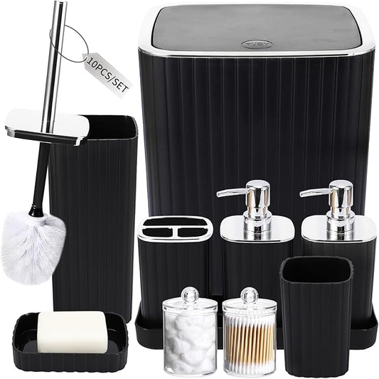 Bathroom Accessories Set - Gorgeous Bathroom Set, 10PC Bathroom Accessory Set, Toilet Brush, Trash Can, Qtip Holder Dispenser & Soap Dispenser