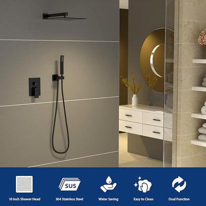 Sarlai Black Shower Faucet Set, Rainfall Shower System with Rain Shower Head and Handle Set, Modern Shower Fixtures, 10 Inch Shower Head with Handheld Combo,Shower Valve Included, Matte Black