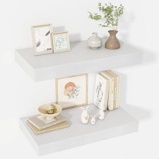 24 Inch Floating Shelves, 12" Deep Floating Shelf Wall Mounted, 24" Wall Shelves, Rustic Deep Bookshelf, Extra Deeper & Thicker Display Shelves for Bedroom, Living Room, White, Set of 2