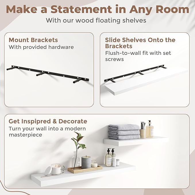 48 Inch Floating Shelves for Wall Set of 2, 8"D Wood Grain Bathroom Shelves with Invisible Brackets, Easy Install Engineered Wood Storage Shelves for Kitchen, Living Room, Bedroom, White Finish