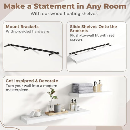 55 Inch Floating Shelves for Wall Set of 2, 8"D Wood Grain Bathroom Shelves with Invisible Brackets, Easy Install Engineered Wood Storage Shelves for Kitchen, Living Room, Bedroom, White Finish