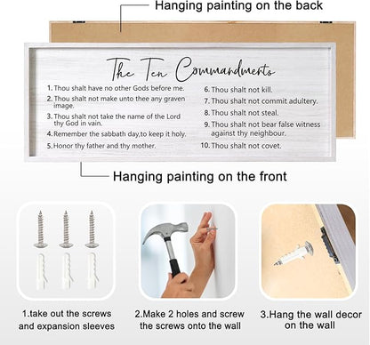 The Ten Commandments Rustic Bible Verse Framed Wall Art, 40''×15'' Positive Religious Christian Saying Sign for God Jesus Christ Prayer, Vintage Horizontal Holy Inspirational Catholic Scripture Decor