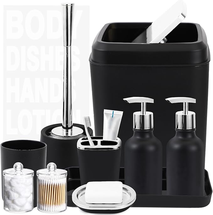 Black Bathroom Accessories Set - 10 Piece Bathroom Set with Trash Can and Toilet Brush, Soap Dispenser, Toothbrush Holder and Cup, Soap Dish, and Qtip Holder, for Housewarming Gift
