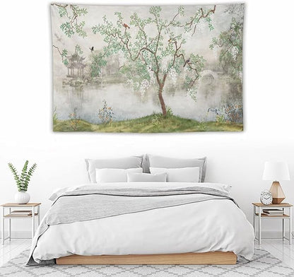 HZOHNAGO Japanese Tapestry Tree Misty Garden Lake Printed Wall Tapestry Ink Painting Wall Hanging for Bedroom Living Room Dorm 90" W x 60" H