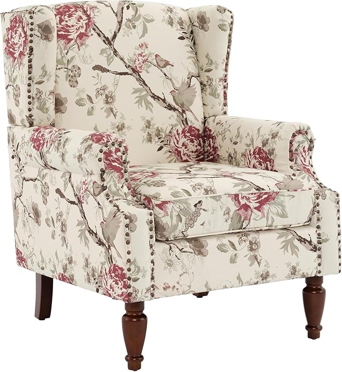 UIXE High Back Accent Chair, Fabric Upholstered Armchair for Living Room, Retro Wingback Arm Chair with Solid Wood Legs, Nailhead Trim Single Sofa Bedroom Reading Seat - Beige Floral