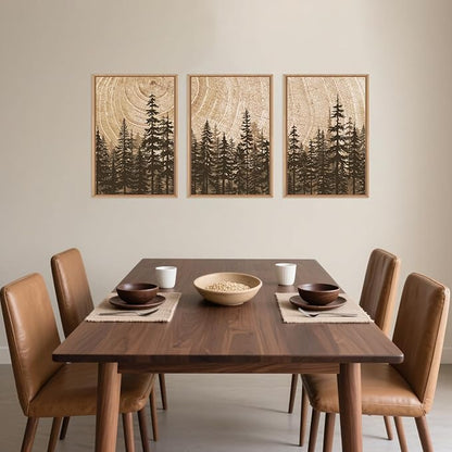Pine Tree Framed Canvas Wall Art Set, Natural Woodland Landscape Wall Decor, Large Retro Forest Painting, Vintage Brown Artwork for Living Room, Bedroom, Kitchen, Study, Office - 16"x24"x3
