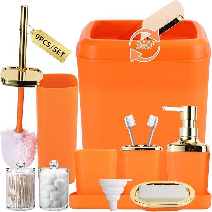 Orange Bathroom Accessories Set, Orange and Gold Bathroom Accessories with Trash Can, Soap Dispenser, Soap Dish, Toothbrush Holder and Q-tip Holders
