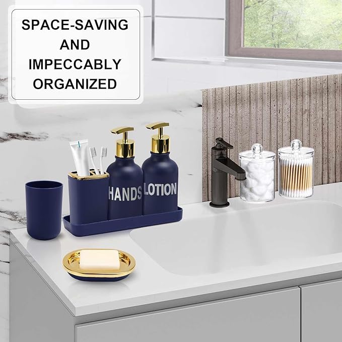 25PCS Navy Blue Bathroom Accessories Sets Complete, with Shower Curtain, Rugs, Trash Can and Toilet Brush, Soap Dispenser, Toothbrush Holder and Cup, Soap Dish, Qtip Holder, Bathroom Decor Sets