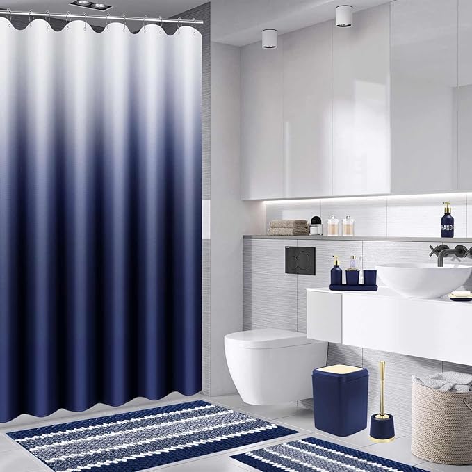 25PCS Navy Blue Bathroom Accessories Sets Complete, with Shower Curtain, Rugs, Trash Can and Toilet Brush, Soap Dispenser, Toothbrush Holder and Cup, Soap Dish, Qtip Holder, Bathroom Decor Sets