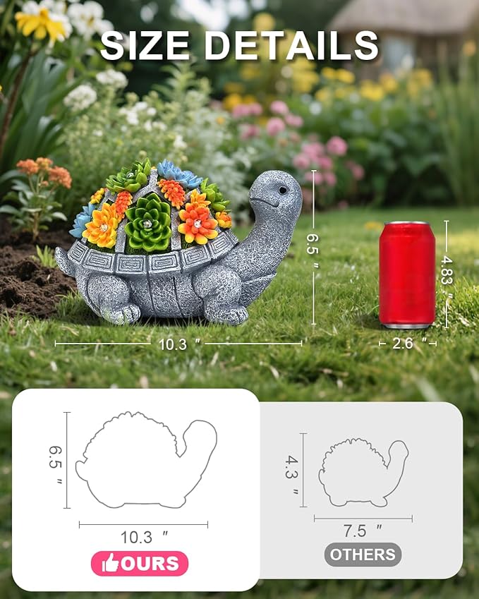 Solar Turtle Statue Garden Decor for Outside with Succulents and 7 LED Lights – 10.3 Inch Cute Lawn Ornaments for Patio, Porch, Balcony & Yard – Unique Birthday Gifts for Women Mom Grandma Wife