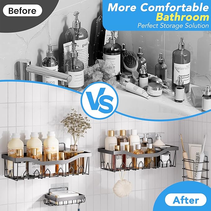 Black Bathroom Accessories Set with Shower Caddy-28PCS Black Bathroom Set with Shower Curtain, Rugs, Shower Curtain, Trash Can, Toilet Brush, Soap Dispenser and Toothbrush Set