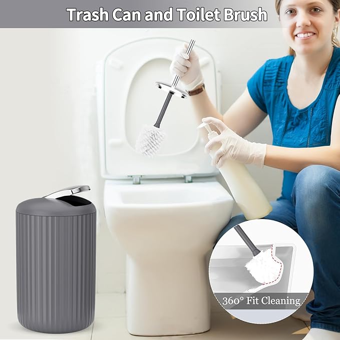 9PCS Gray Bathroom Accessories Set Complete with Trash Can, Vanity Tray, Soap Dispenser, Soap Dish, Toothbrush Holder, Toothbrush Cup, Toilet Brush and Qtip Holders