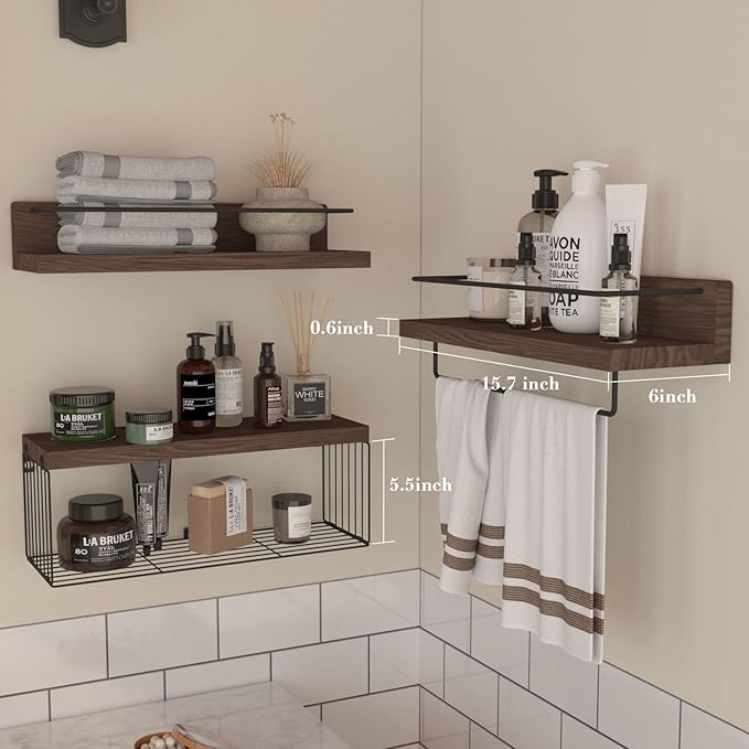 Bathroom Shelves Over Toilet for Wall, Floating Shelves with Storage Basket Paper Holer for Kitchen Living Room, Bedroom & Classroom, Set of 3 (Dark Brown)