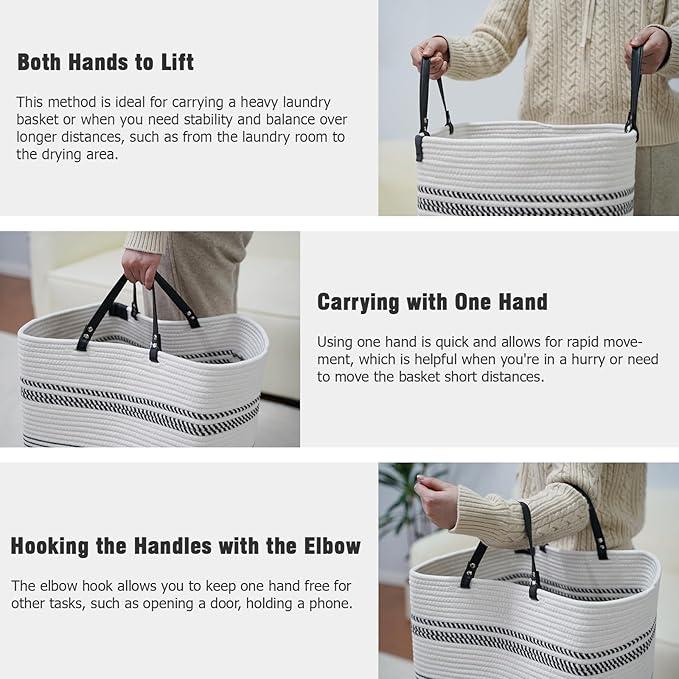 danpinera 75L Woven Laundry Hamper with Long Leather Handles, Baby Laundry Basket for Nursery, Tall Hampers for Bedroom Aesthetic, Decorative Clothes Storage Basket for Family White & Black