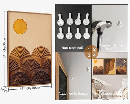 Tinonedraw Boho Mountain Framed Canvas Wall Art Set, Mid Century Modern Geometric Line Wall Decor, Bohemian Sun and Moon Art Paintings, Beige Brown Wooden Artwork for Living Room Bedroom Office 16"x24"x3