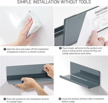 Adhesive Floating Shelves for Wall No Drilling, 12 Inch Acrylic Self Adhesive Shelves, Stick on Shelves, Dorm Wall Shelf, for Bathroom, Kitchen, Bedroom, Office, Gaming Room, Gray