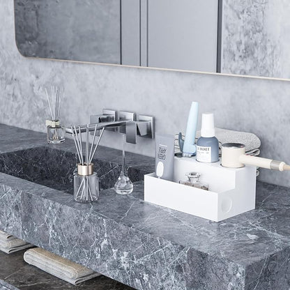 White Hair Tool Organizer Acrylic Hair Dryer and Styling Holder, Bathroom Countertop Blow Dryer Holder, Vanity Caddy Storage Stand for Accessories, Makeup, Toiletries