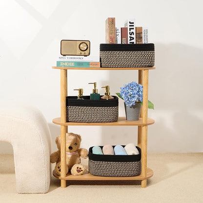 Small Storage Baskets for Organizing | Closet Organizer Bins | Shelf Toy Basket | Woven Rope Baskets | Cube Decorative Box | Shallow Basket | 13x8.5x5.1” | 3 Packs Black Brown