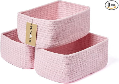 Small Storage Baskets for Organizing | Closet Organizer Bins | Shelf Toy Basket | Woven Rope Baskets | Cube Decorative Box | Shallow Basket | 11.5x7.5x4.7” | 3 Packs Pink