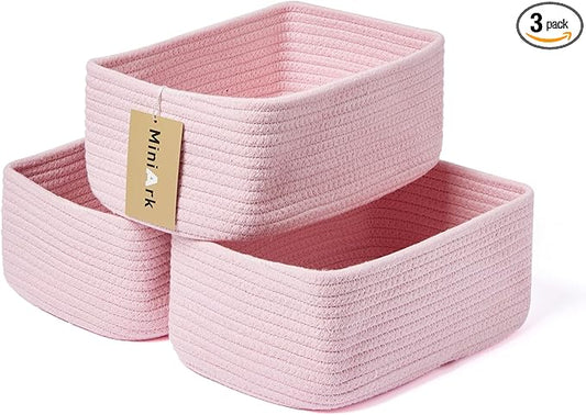 Small Storage Baskets for Organizing | Closet Organizer Bins | Shelf Toy Basket | Woven Rope Baskets | Cube Decorative Box | Shallow Basket | 11.5x7.5x4.7” | 3 Packs Pink