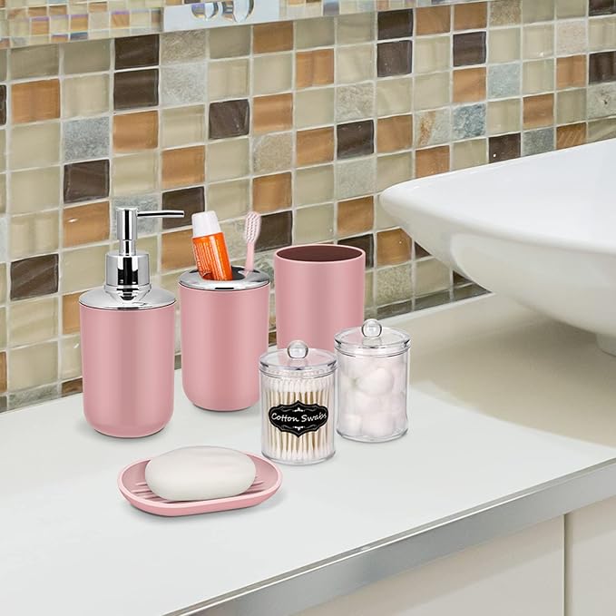 7 Piece Pink Bathroom Set,Soap Dispenser,Toilet Brush,Trash Can & Décor Tray,Complete Accessories for Bathroom Organization & Housewarming Gifts