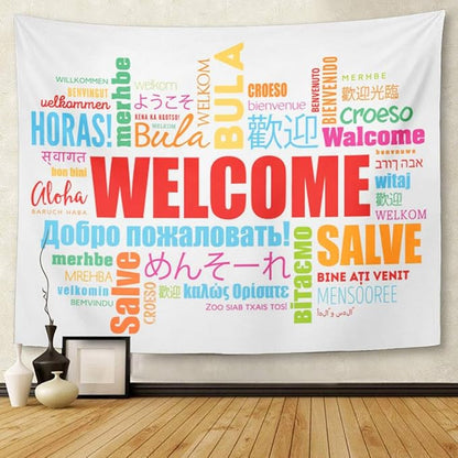 TOMPOP Tapestry World Welcome Word Cloud in Different Languages Conceptual Multilingual Home Decor Wall Hanging for Living Room Bedroom Dorm 50x60 Inches