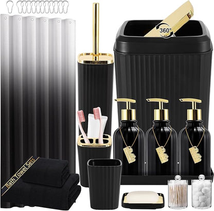 32PCS Black Bathroom Accessories Bathroom Set,Black Shower Curtain, Bath Towel Set,Hand Towel,Toilet Brush,Trash Can & 3PCS Soap Dispensera