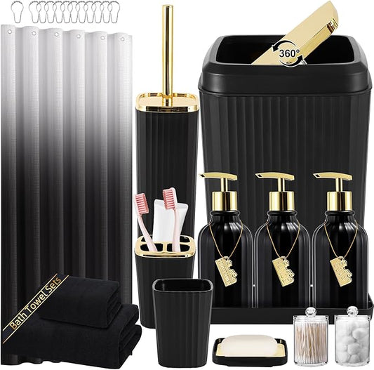 32PCS Black Bathroom Accessories Bathroom Set,Black Shower Curtain, Bath Towel Set,Hand Towel,Toilet Brush,Trash Can & 3PCS Soap Dispensera