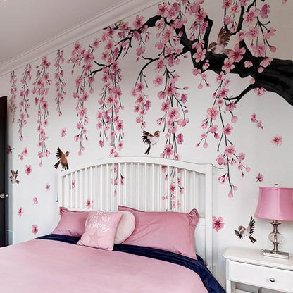Runtoo Large Cherry Blossom Tree Wall Decals Peel and Stick Pink Floral Wall Art Stickers for Living Room Bedroom Nursery Flower Decor