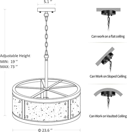 23.6" Large Farmhouse Drum Black Chandelier, 6-Light Vintage Round Glass Chandeliers for Dining Room, Industrial Light Fixture for Kitchen Living Room Stairwell, Clear Waterglass Drum Shade
