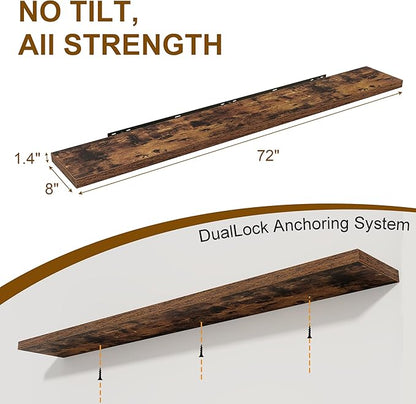 72 Inch Floating Shelves, 8 Inch Deep Floating Shelf, Large Shelves with Invisible Bracket for Books|Storage, Rustic Wood Wall Shelf for Bedroom, Kitchen, Living Room, Rustic Brown