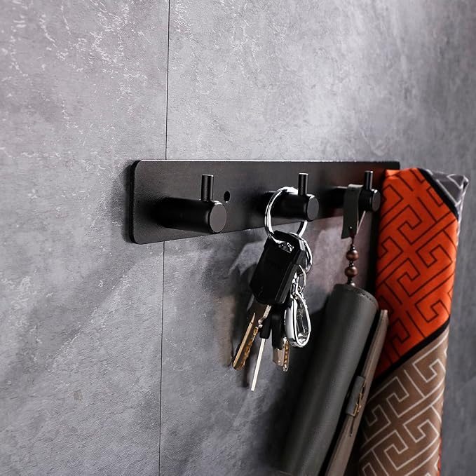 Black 6 Wall Hooks, Matte Black Bathroom Hook Rail, Self Adhesive Key Hook Rack Hanger Towel Robe Stick Hooks for Toilet Entryway Hallway Kitchen Wall Mounted