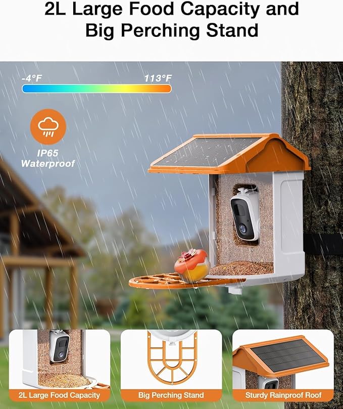 Smart AI Bird Feeder with Camera: Solar-Powered, 2K Live Video, Bird‘s Species Identification, Arrival Alerts, and Motion Capture –Wireless Bird Camera for Watching Birds (Orange)