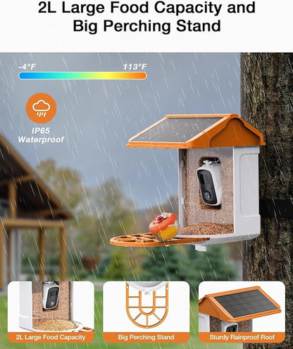 Smart AI Bird Feeder with Camera: Solar-Powered, 2K Live Video, Bird‘s Species Identification, Arrival Alerts, and Motion Capture –Wireless Bird Camera for Watching Birds (Orange)
