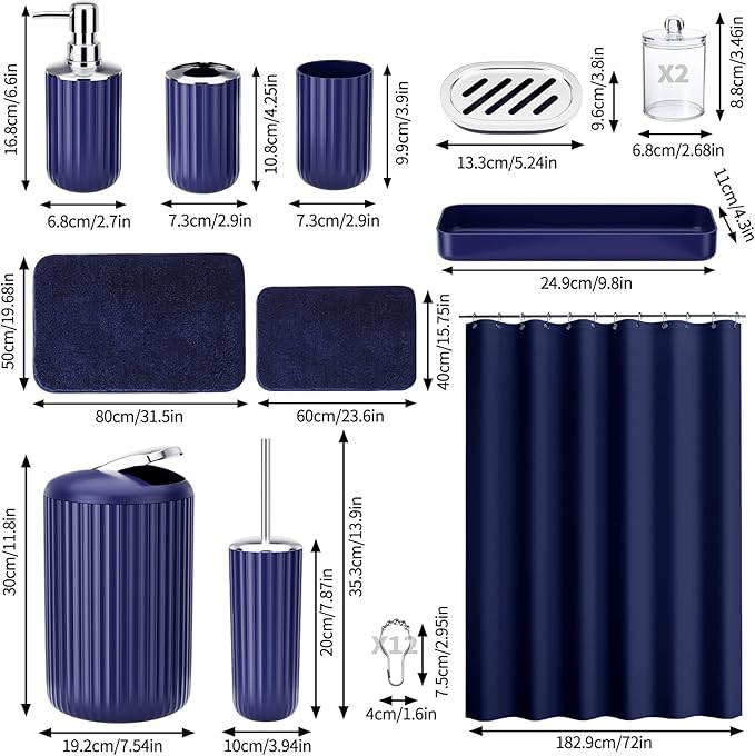 24 PCS Nave Blue Bathroom Accessories Set with Shower Curtain and Rugs, Bathroom Sets with Extra Soft and Absorbent Bath Rugs Shower Curtain Bathroom Accessory for Bath
