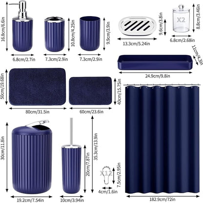 24 PCS Nave Blue Bathroom Accessories Set with Shower Curtain and Rugs, Bathroom Sets with Extra Soft and Absorbent Bath Rugs Shower Curtain Bathroom Accessory for Bath