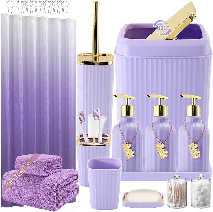 32PCS Bathroom Accessories Set Bathroom Set,Purple Shower Curtain Set,Bath Towel Set,Hand Towel,Toilet Brush,Trash Can & 3PCS Soap Dispenser