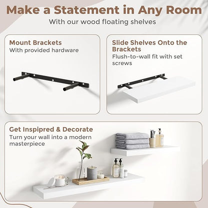 36 Inch Floating Shelves for Wall Set of 2, 8"D Wood Grain Bathroom Shelves with Invisible Brackets, Easy Install Engineered Wood Storage Shelves for Kitchen, Living Room, Bedroom, White Finish