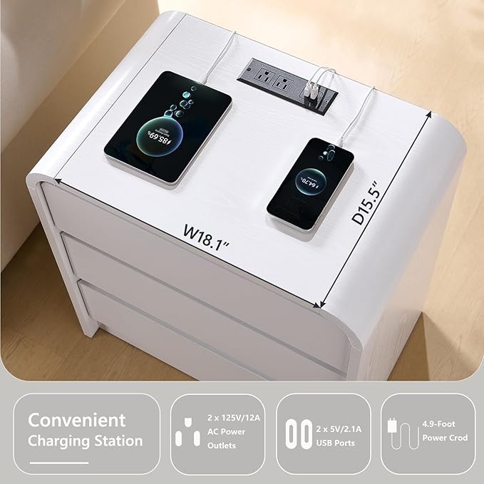 25" Tall Modern Nightstand with Charging Station, 23.6'' Wide Wood Bedside Table w/3 Storage Drawers, Small Dresser w/Curved Profile Design, End Table for Bedroom, White