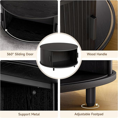 Round Coffee Table with Storage, 31.5" Modern Coffee Table with 360° Curved Sliding Door, Fluted Wood Accent Coffee Table with Adjustable Footpads, Round Center Table for Living Room, Black