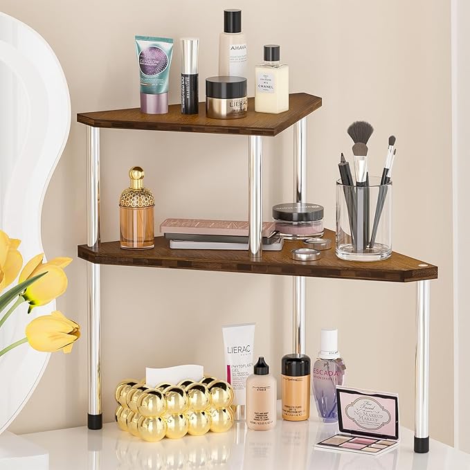 Weenson Bathroom Organizer Countertop, Bathroom Sink Organizer for Toiletries, Makeup, Skincare, Bamboo 2-Tier Kitchen Countertop Organizer for Spice Salt (Brwon)