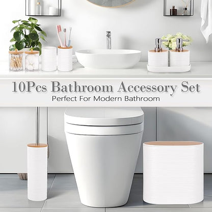 Bathroom Accessory Set,10 PCS White Bathroom Accessories Set with Trash Can, Toothbrush Holder, Soap Dispenser, Toothbrush Cup, Vanity Tray, Soap Dish, Toilet Brush, Qtip Holders