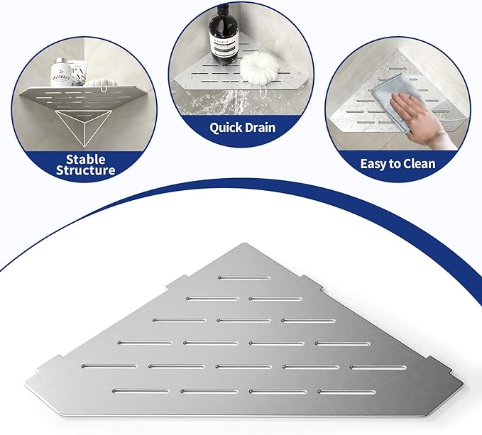 Corner Shower Shelf 10" Brushed 304 Stainless Steel Pentagonal Heavy Duty Floating Corner Shelf Slot Design Recessed Bathroom Shelf for Tiled Wall, No Drilling Needed